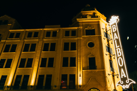 The Balboa Theater at night, in San Diego, Florida.のeditorial素材