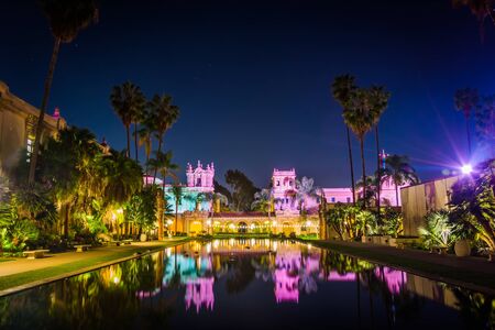 The Lily Pond and Prado Restaurant at night, in Balboa Park, San Diego, California.のeditorial素材
