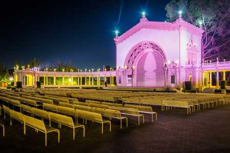 The Spreckels Organ Pavillion at night in Balboa Park, San Diego, California.のeditorial素材