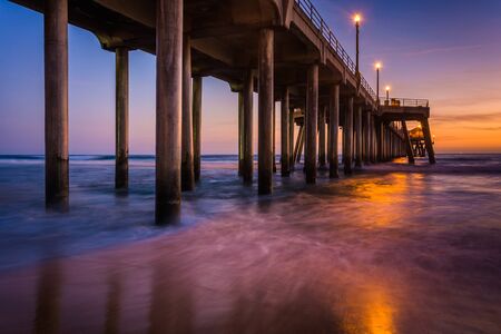 The pier at twilight, in Huntington Beach, California.の写真素材