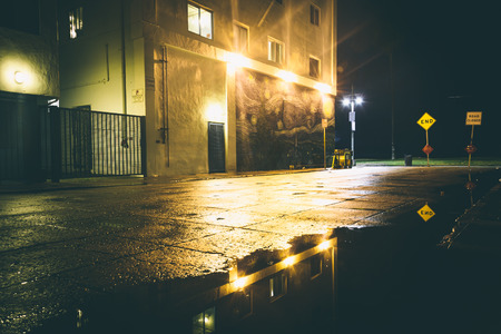 A dark street at night, in Venice Beach, Los Angeles, California.の写真素材