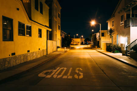 Houses along a street at night, in Newport Beach, California.の写真素材