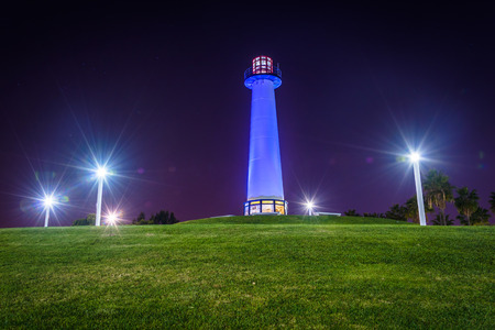 Long Beach Harbor Lighthouse at night, in Long Beach, California.の写真素材