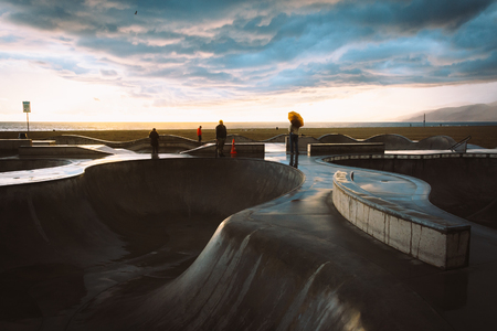 The Venice Skate Park at sunset, in Venice Beach, Los Angeles, California.の写真素材