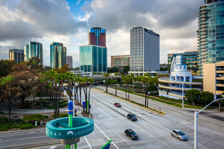View of modern buildings and Shoreline Drive in Long Beach, California.の写真素材