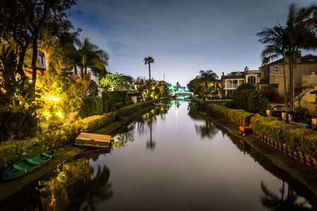 House along the Venice Canals at night, in Venice Beach, Los Angeles, California.の写真素材