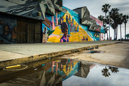 Street art reflecting in a puddle, in Venice Beach, Los Angeles, California.のeditorial素材
