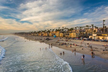 View of the beach from the pier in Oceanside, California.のeditorial素材