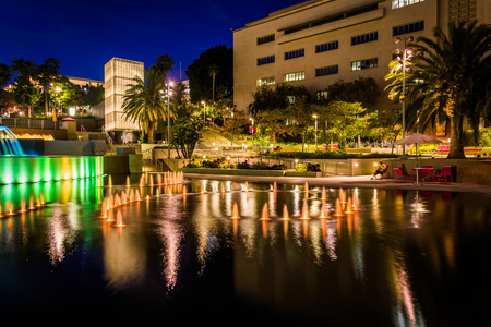 Fountains and buildings at night in Grand Park, in downtown Los Angeles, California.のeditorial素材