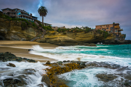 Waves and rocks in the Pacific Ocean at Table Rock Beach, in Laguna Beach, California.の写真素材