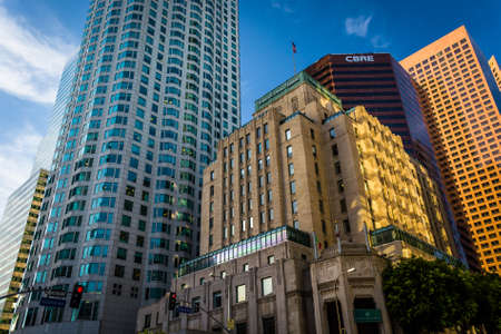 Cluster of buildings in the Financial District, in downtown Los Angeles, California.のeditorial素材