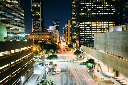 View of Flower Street at night, in downtown Los Angeles, California.