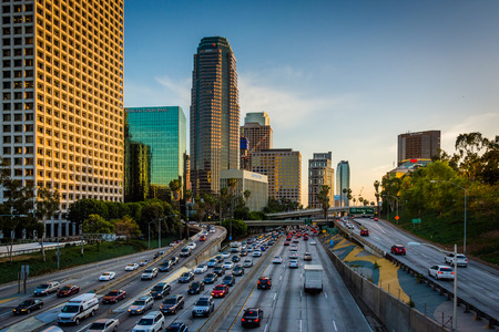 View of the 110 Freeway from the 4th Street Bridge, in downtown Los Angeles, California.のeditorial素材