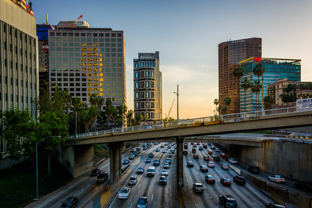 View of the 110 Freeway from the 5th Street Bridge, in downtown Los Angeles, California.のeditorial素材