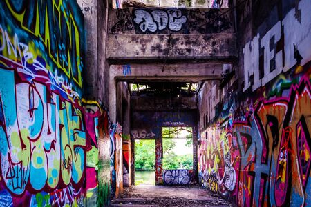 Graffiti under an abandoned pier in Philadelphia, Pennsylvania.のeditorial素材