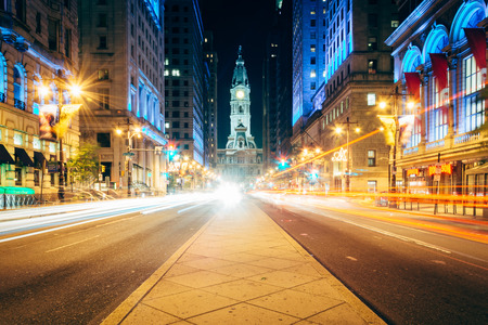 Broad Street and City Hall at night, in Center City, Philadelphia, Pennsylvania.のeditorial素材