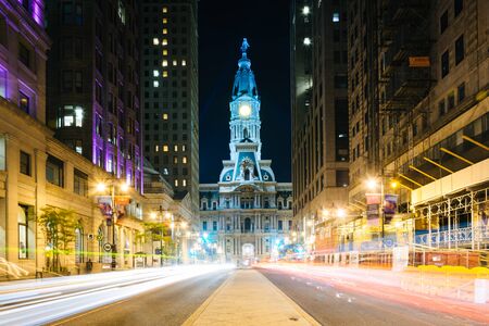 Broad Street and City Hall at night, in Center City, Philadelphia, Pennsylvania.のeditorial素材