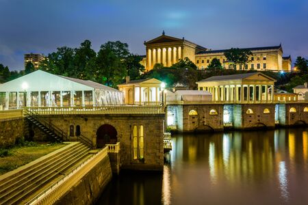 The Fairmount Water Works and Art Museum at night, in Philadelphia, Pennsylvania.のeditorial素材