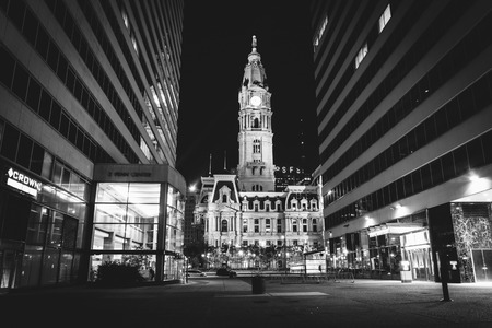 Penn Center and City Hall at night, in Philadelphia, Pennsylvania.のeditorial素材