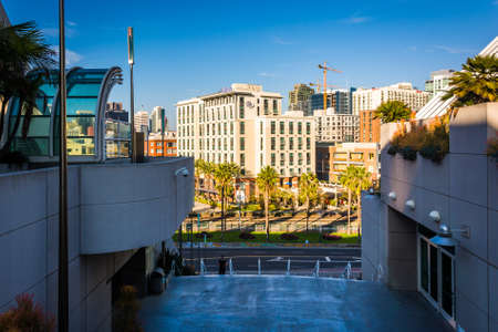 Staircase and view of downtown at the Convention Center in San Diego, California.のeditorial素材