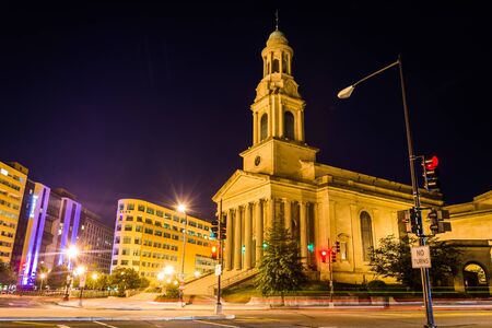The National City Christian Church and Thomas Circle at night, in Washington, DC.