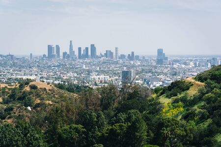 View of the Los Angeles skyline from Mulholland Drive, in Los Angeles, California.の写真素材
