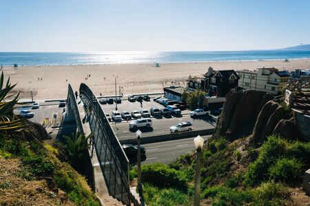 View of Pacific Coast Highway and the Pacific Ocean from Palisades Park, in Santa Monica,...