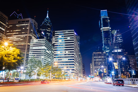 Modern buildings at night, in Center City, Philadelphia, Pennsylvania.のeditorial素材