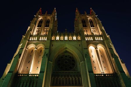 The National Cathedral at night, in Washington, DC.の写真素材