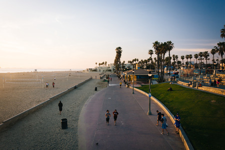 Evening view of the Boardwalk, in Huntington Beach, California.のeditorial素材