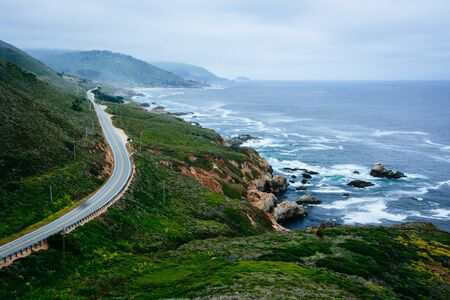 View of mountains along the coast and Pacific Coast Highway, at Garrapata State Park, California.の写真素材