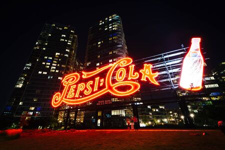 The Pepsi-Cola sign at night, in Long Island City, Queens, New York.