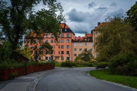 Klefbecks backe and buildings on Skanegatan in Sodermalm, Stockholm, Sweden.のeditorial素材