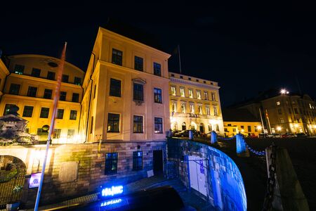 Buildings on Slottsbacken at night, in Stockholm, Sweden.の写真素材