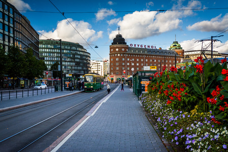 Garden and buildings along Siltasaarenkatu in Helsinki, Finland.のeditorial素材