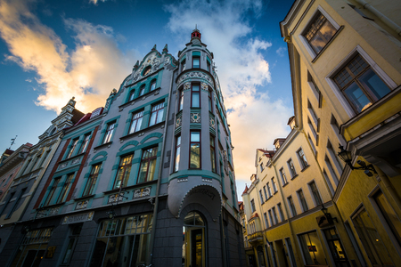 Buildings along Pikk at sunset, in the Old Town, Tallinn, Estonia.のeditorial素材