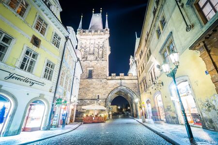 The West Tower of Charles Bridge at night, in Prague, Czech Republic.のeditorial素材