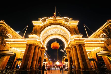 Entrance to Tivoli Gardens at night, in Copenhagen, Denmark.のeditorial素材