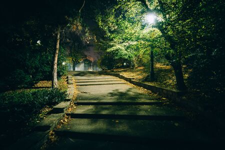 Stepped walkway at night, at Stadtpark in Vienna, Austria.の写真素材