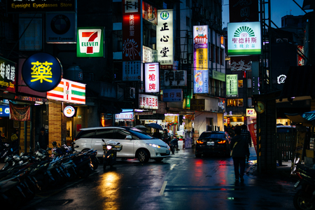 Lianyun Street at night, in the Zhongzheng District, Taipei, Taiwan.のeditorial素材