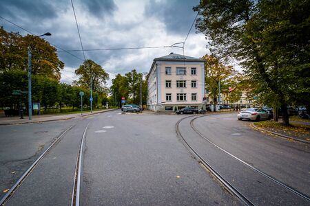Tram tracks on a street in Tallinn, Estonia.