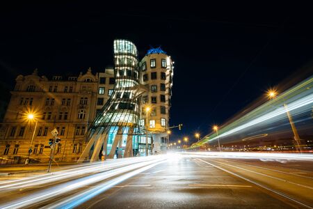 The Dancing House at night, in Prague, Czech Republic.のeditorial素材