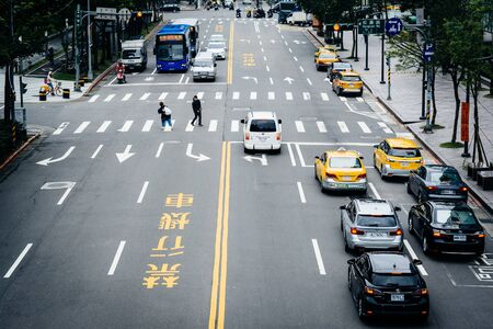 View of traffic on Songzhi Road, in the Xinyi District, Taipei, Taiwan.のeditorial素材