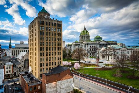 View of buildings and the Pennsylvania State Capitol Complex in Harrisburg, Pennsylvania.の写真素材