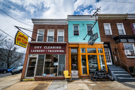 Shops along Chestnut Avenue in Hampden, Baltimore, Maryland.のeditorial素材