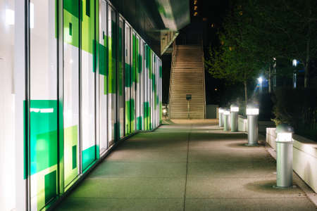 Walkway at the Yerba Buena Gardens at night, in San Francisco, California.の写真素材