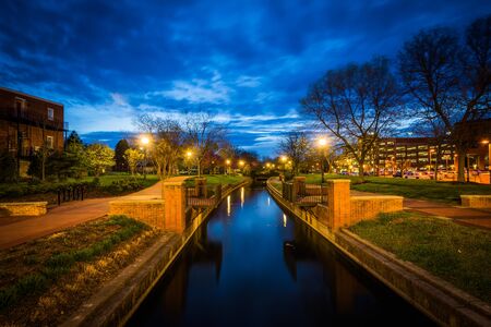 Carroll Creek at night, at Carroll Creek Linear Park, in Frederick, Maryland.の写真素材
