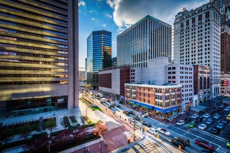 View of buildings at the intersection of Lombard and Light Streets, in downtown Baltimore, Maryland.のeditorial素材