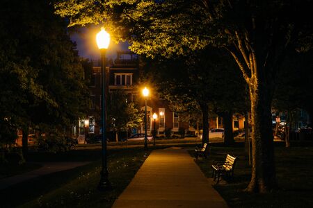 Bench and walkway at Federal Hill Park at night, in Baltimore, Maryland.の写真素材