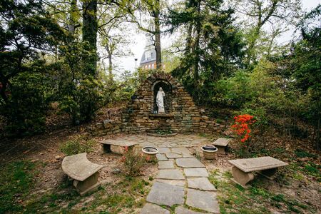 Benches and trees at Notre Dame of Maryland University, in Baltimore, Maryland.の写真素材